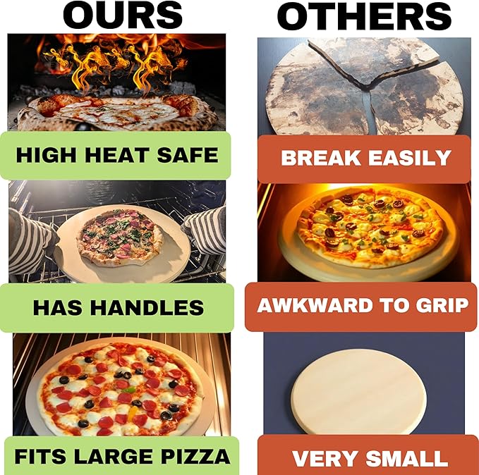 16 inch Round Pizza Baking Stone - Large Pizza Stone for Grill with Handles and Dough Tool - Baking Stone for Bread - Pizza Making Accessories - Cooking Gifts for Food Lovers