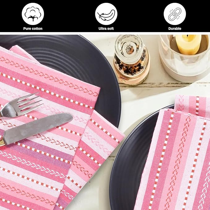 Bedding Craft Cotton Cloth Dinner Napkins Set of 12 – 18x18 Pink Multi Salsa Stripe – Reusable Machine Washable Fabric Napkins for Weddings, Parties, Kitchen & Everyday Dining