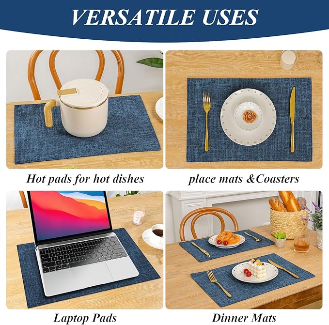 SHACOS Cloth Fabric Placemats Set of 4 Washable Non Slip Heat Resistant Table Mats Double Layer Reversible Place Mats Stain Resistant Indoor Outdoor, Dark Blue