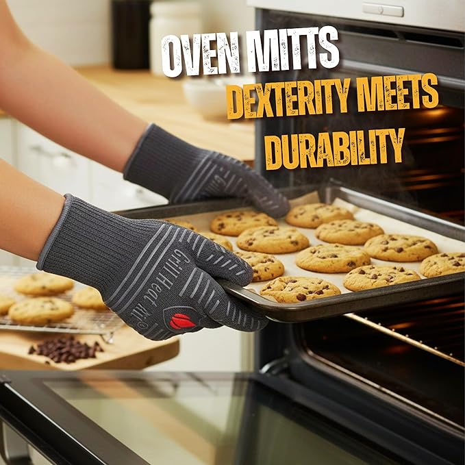 GRILL HEAT AID BBQ Grill Gloves 1472°F - Extreme Heat Resistant Oven Mitts for Grilling, Smoker & Fire Pit with Silicone Grip & EN407 Cut Resistance - Short Cuff, Dusky Gray