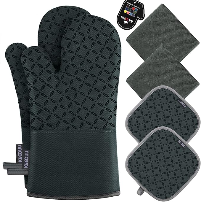 KEGOUU Oven Mitts and Pot Holders 6pcs Set, Kitchen Oven Glove High Heat Resistant 500 Degree Extra Long Oven Mitts and Potholder with Non-Slip Silicone Surface for Cooking (Deep Green)