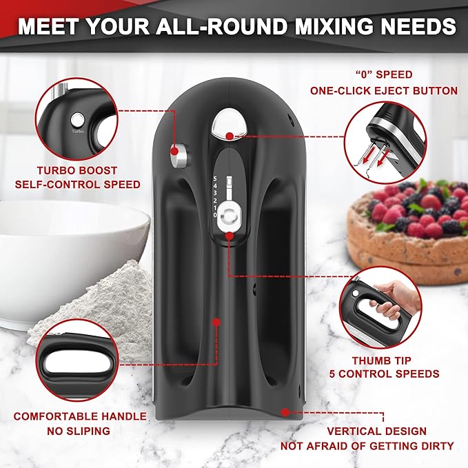 Lord Eagle Hand Mixer Electric 400W, 5 Speed handheld Mixer, 5 Stainless Steel Accessories for Baking Cake Egg Cream Food Beater, Turbo Boost/Self-Control Speed + Eject Button