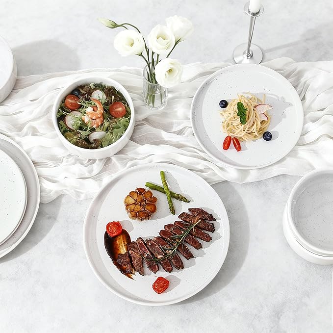 GZG Modern Art Series - 6 Pcs Speckled Stoneware Plates and Bowls Sets, Ceramic Dinnerware Set with Rustic Terracotta Underside, Microwave and Dishwasher Safe Handcrafted Dishes Set - Porcelain White