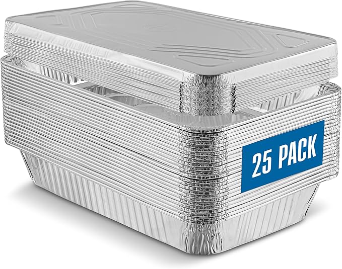 PLASTICPRO 25 Pack Aluminum Pans 13'' X 21" Disposable Pans with Covers Heavy Duty 20 lb Foil Pans for Baking and Cooking