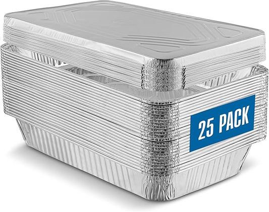 PLASTICPRO 25 Pack Aluminum Pans 13'' X 21" Disposable Pans with Covers Heavy Duty 20 lb Foil Pans for Baking and Cooking