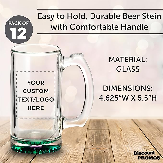 12 Libbey Beer Mugs Set, 12 oz. - Customizable Text, Logo - Groomsmen Glassware - Green