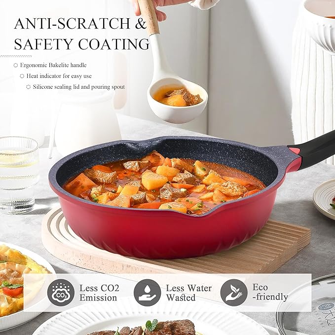 Vinchef Nonstick Skillet with Lid, 11In/5Qt Aluminum Deep Frying Pan with Lid and Heat Indicator, Anti Scratch and Anti Stain Deep Saute Pan, Induction Compatible