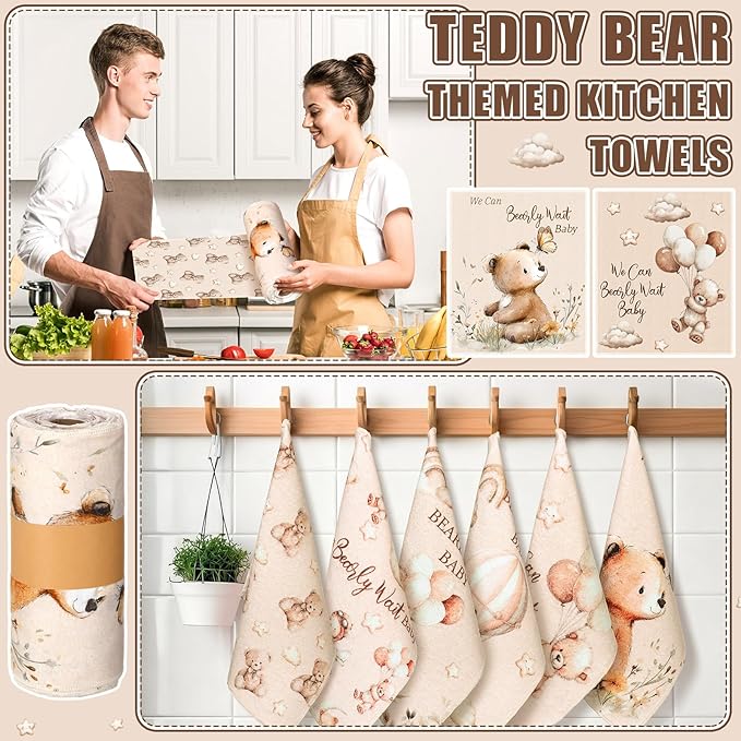 36 Pcs Baby Shower Reusable Paper Towels Rolls Washable Bulk We Can Bearly Wait Baby Teddy Bear Kitchen Towels Paperless Reusable Cloth Cotton Napkins with Cardboard for Kitchen Bathroom