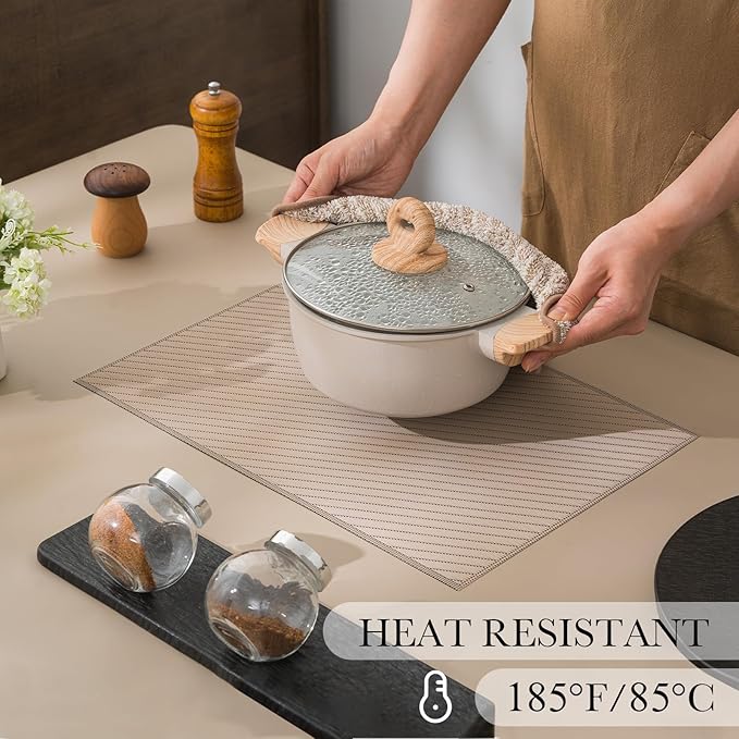 BACKTOEDEN Placemats Set of 8 Heat Resistant Washable Wipeable Placemat Woven Non-Slip Foldable Vinyl/Plastic Place Mats Indoor/Outdoor Mat Kitchen Dining Table Pad, Khaki Twill