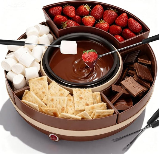 Cheese & Chocolate Fondue Machine, Candy Melting Pot for Party, Electric Fondue Pot Set, Chocolate Warmer, Hot Chocolate Maker, 4-Section Food Tray, Brown