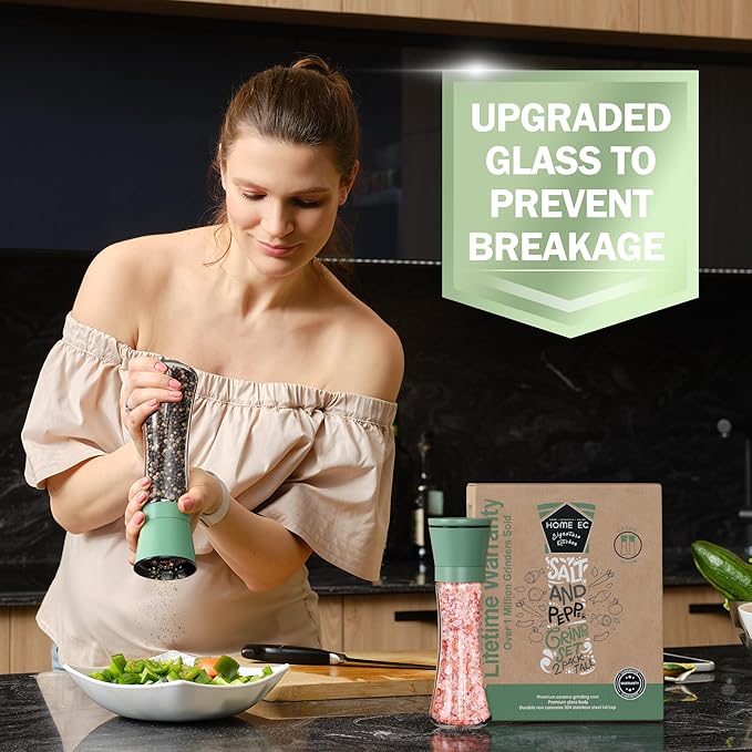 Home EC Premium Green Sea Salt and Pepper Grinder Set of 2 - Adjustable Ceramic - Tall Glass Salt and Pepper Shakers - Kitchen Pepper Mill & Salt Mill W/Funnel & EBook