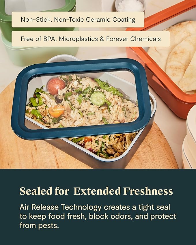 Caraway 2pc Glass Food Storage Set - 6.6 Cup Food Containers (2) - Ceramic Coated - Non Toxic, Non Stick Lunch Box with Lids. Dishwasher, Oven, & Microwave Safe - Gray