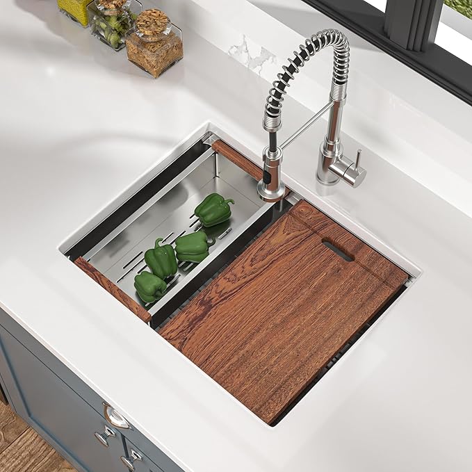 Mocoloo 23 Inch Undermount Kitchen Sink - Stainless Steel Undermount Bar Prep Single Bowl 16 Gauge 10" Deep 23x19 Kitchen Sink Workstation Handmade RV Laundry Sinks with Track