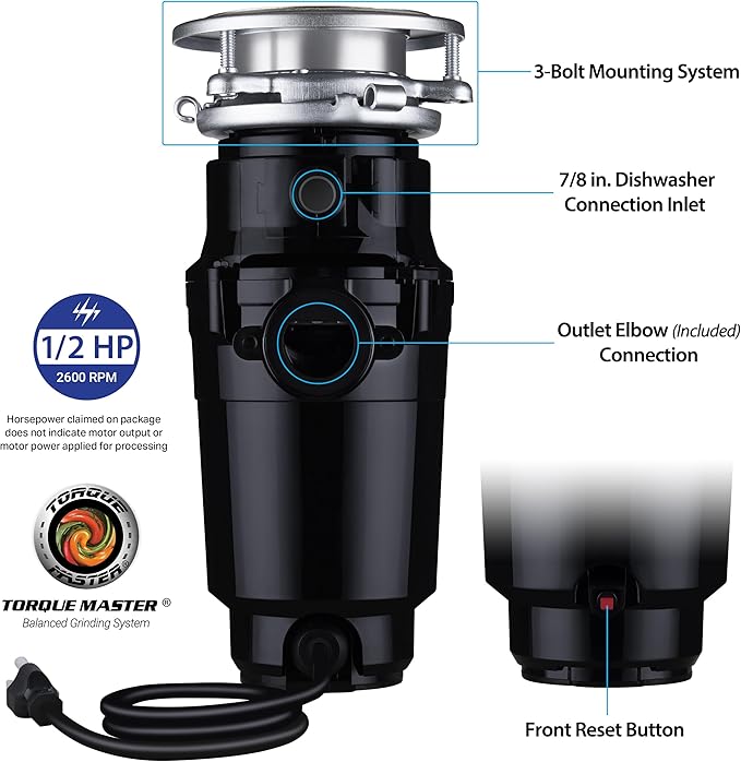 Waste Maid 10-US-WM-058-3B Garbage Disposal Anti-Jam Stainless Steel Food Waste Grinding System, 1/2 HP Economy, Black