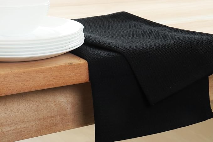 PurpleEssences Waffle Weave Kitchen Towel, 100% Cotton - 15x25 Inches, with Hanging Loop Ultra Soft Absorbent Quick Drying Dish Cloth, Tea and Hand Towels, 6 Pack - Christmas Holiday Winter - Black