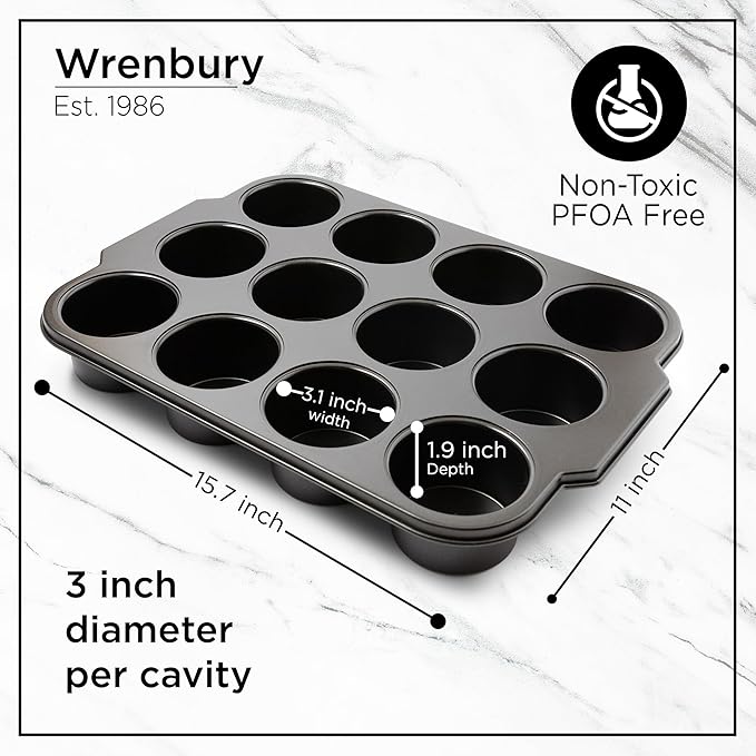 Wrenbury Pro Mini Cheesecake Pans Removable Bottom 12 Hole - Heavy Gauge Carbon Steel Non Stick Pan Loose Bottom Springform - 3 Inch Small Individual Cheesecakes Tin - PFOA Free