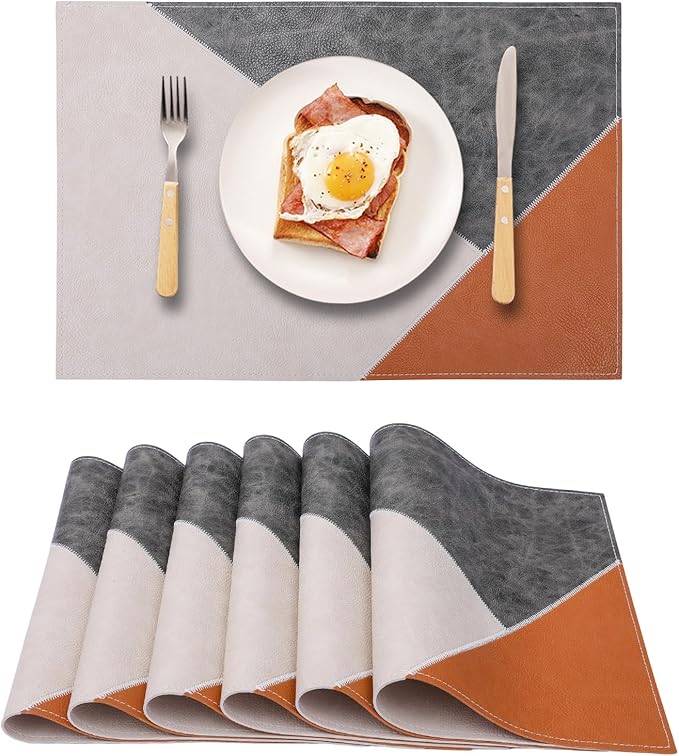 PU Placemats Set of 6 Wipeable,Geometric Pattern Faux Leather Placemat for Dining Table,Reversible Waterproof Heat Resistant Washable Anti Slip Table Mats,Modern Table Protectors