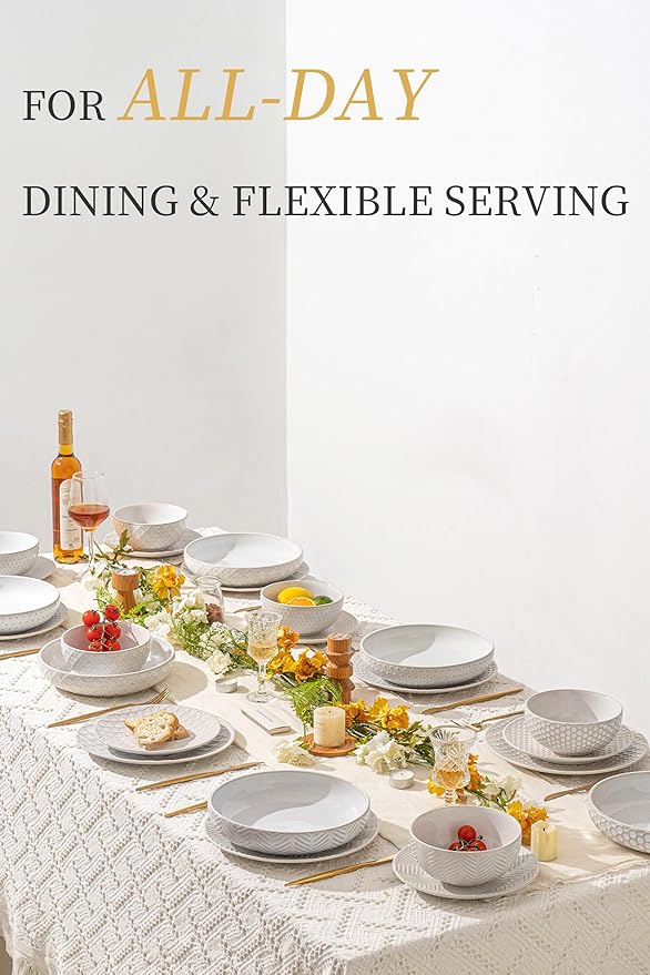 24-Piece Ceramic Dinnerware Set,Large Plates and Bowls Set for 6,Elegant Dish Set for Families & Entertaining–Microwave & Dishwasher Safe Tableware (Double Bowl)