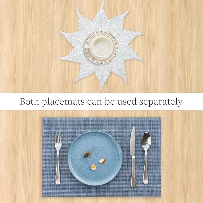 BACKTOEDEN Placemats Set of 6 Heat Resistant Washable Wipeable Placemat Woven Non-Slip Foldable Vinyl/Plastic Place Mats Indoor/Outdoor Mat Kitchen Dining Table Pad, Silver Maple Leaf & Blue