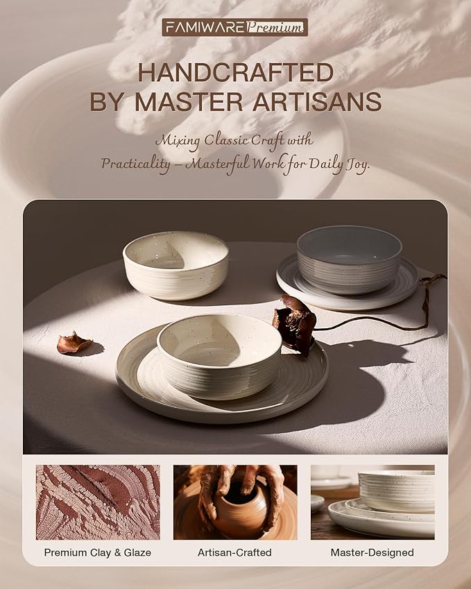 Stoneware Dinnerware Sets, Plate and Bowl Sets for 8, 24 Pieces Spiral Flared Dishware Set with Speckles & Reactive Glaze - Microwave and Dishwasher Safe Tableware, Shell Beige