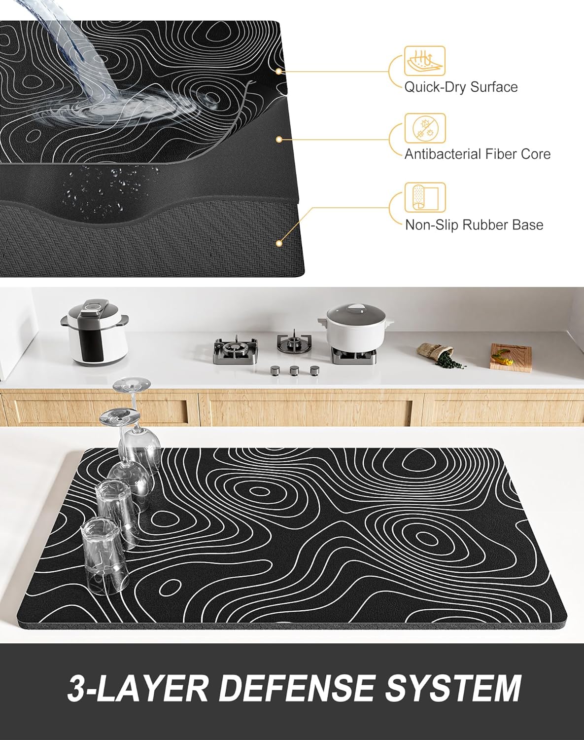 Rnivvi Dish Drying Mat for Kitchen Counter, 12 x 19" Cute Marble Super Absorbent Draining Pad, Non-Slip Heat Resistant Coffee Bar Mats for Coffee Machine Station Accessories, Line Art Dish Rack Pad