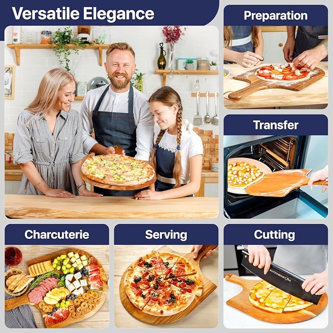 KitchenStar 12-Inch Acacia Wood Pizza Peel – Wooden Cutting & Serving Board with Handle & Hanging Loop – Natural Oil Finish – Ideal Pizza Oven Accessory for Easy Sliding & Prep