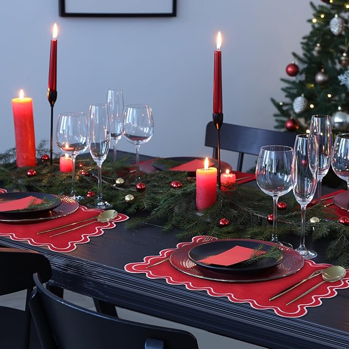 12 Set Linen Placemat 13x19 Wavy Embroidery Scalloped Placemat Double Layered Washable Farmhouse Dinner Table Mat Fabric Napkin for Christmas Hotel Restaurant Wedding Party(Red)