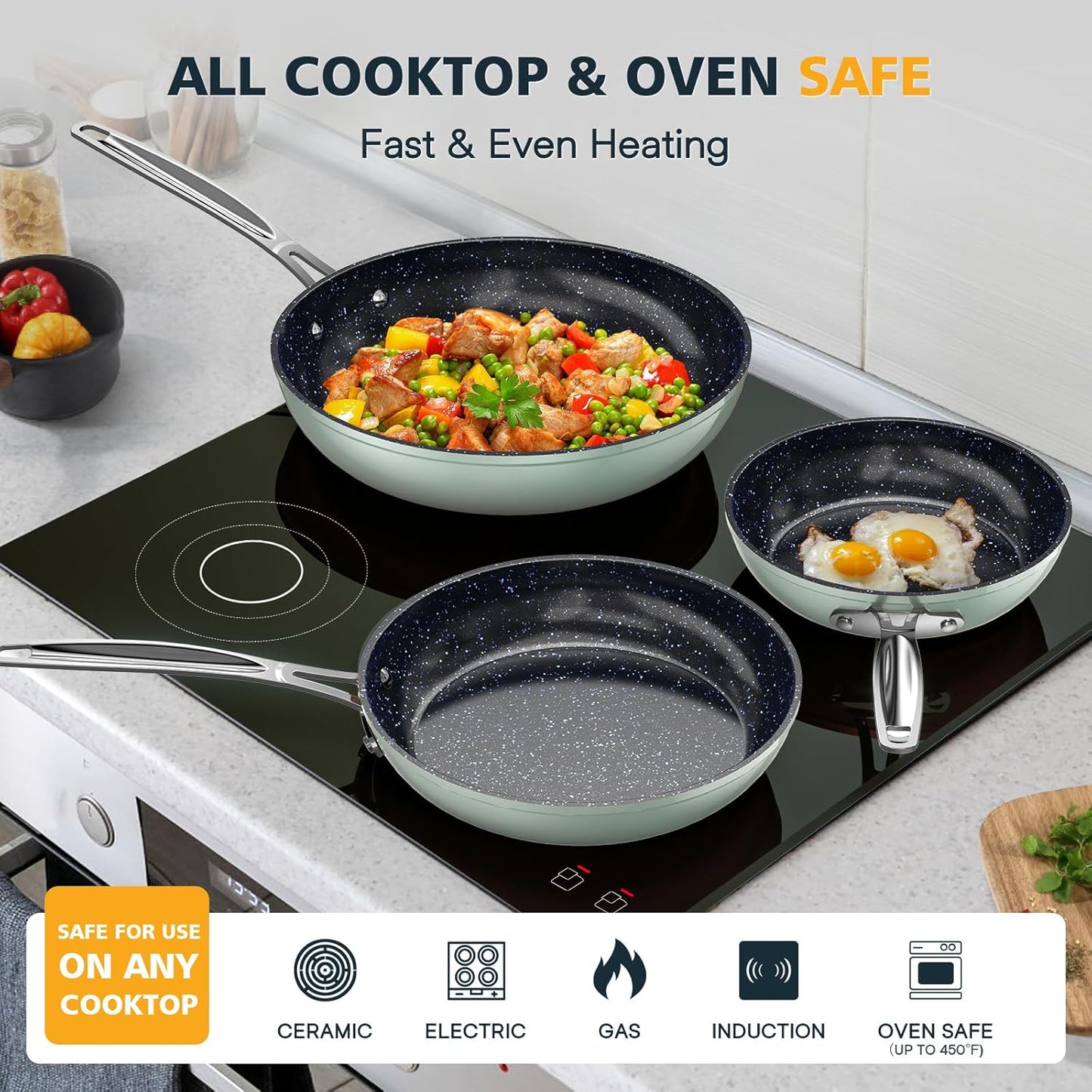 Nuwave 3-Piece Fry Pan Set, 8”, 10”, 12” Forged Lightweight, G10 Healthy Duralon Blue Ceramic Ultra Non-Stick, Induction-Ready & Works on All Cooktops, Ergonomic Stay-Cool Handles