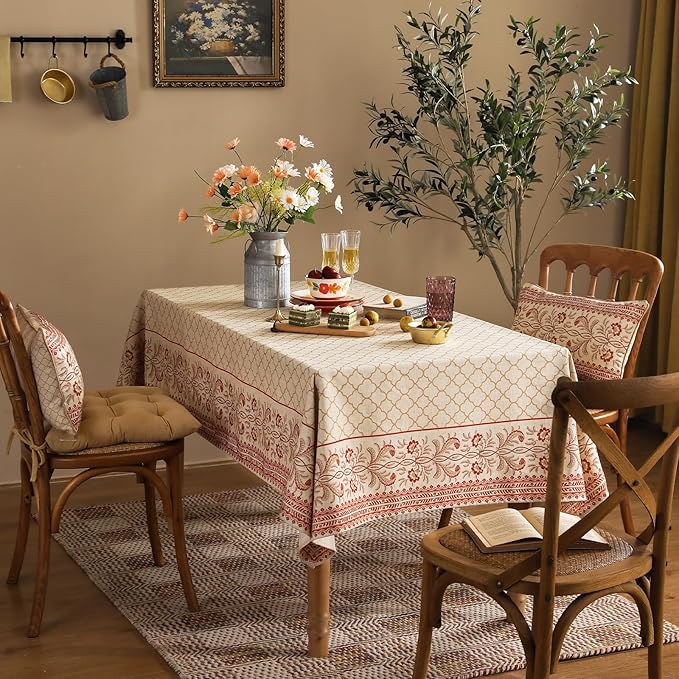 French Rectangle Tablecloth,Floral Linen Table Cloth with Flaxen and Red Undertones,Heavy Durable Table Cover for Dining Thanksgiving Kitchen Decor Party Banquet Christmas,63"*102"