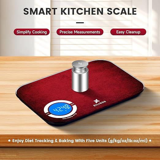 EILISON Smart Digital Food Kitchen Scale with Nutritional Calculator, On-Screen Nutrient Info, Free App for Calorie & Macro Tracking, Personal Goals, for Weight Loss and Keto, 5g-8kg Capacity (Red)