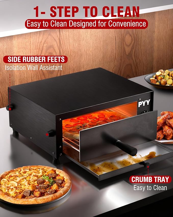 PYY Pizza Oven Electric - 12 Inch Tabletop Pizza Oven Indoor Stainless Steel Professional Pizza Cooker Baker Countertop with Timer & Crumb Tray for Home Restaurant 1100W,Black