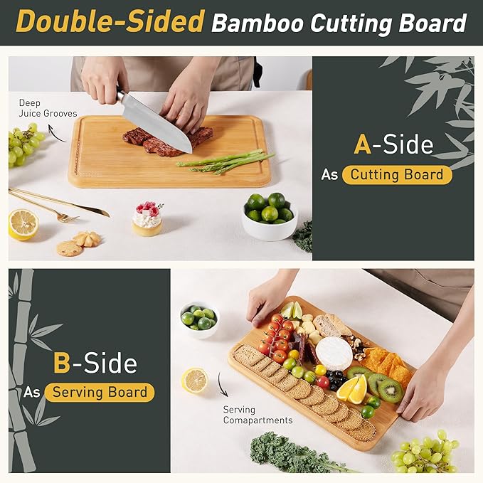 Bamboo Cutting Board Natural Non Toxic Chopping Wood Cutting Board With Juice Grooves Knife-Friendly Finish For Versatile Kitchen Use Ideal Charcuterie & Chopping Large Multi-Use New Home Must Haves