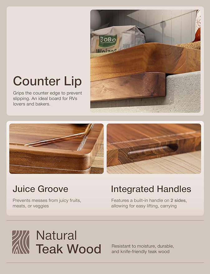 Teak Wood Cutting Board with Lip - 16” x 12” Wooden Chopping Boards for Kitchen - Serving Platter, Pastry Board, Wooden Cutting Board with Counter Lip, Handles - Teak, Juice Groove, Removable
