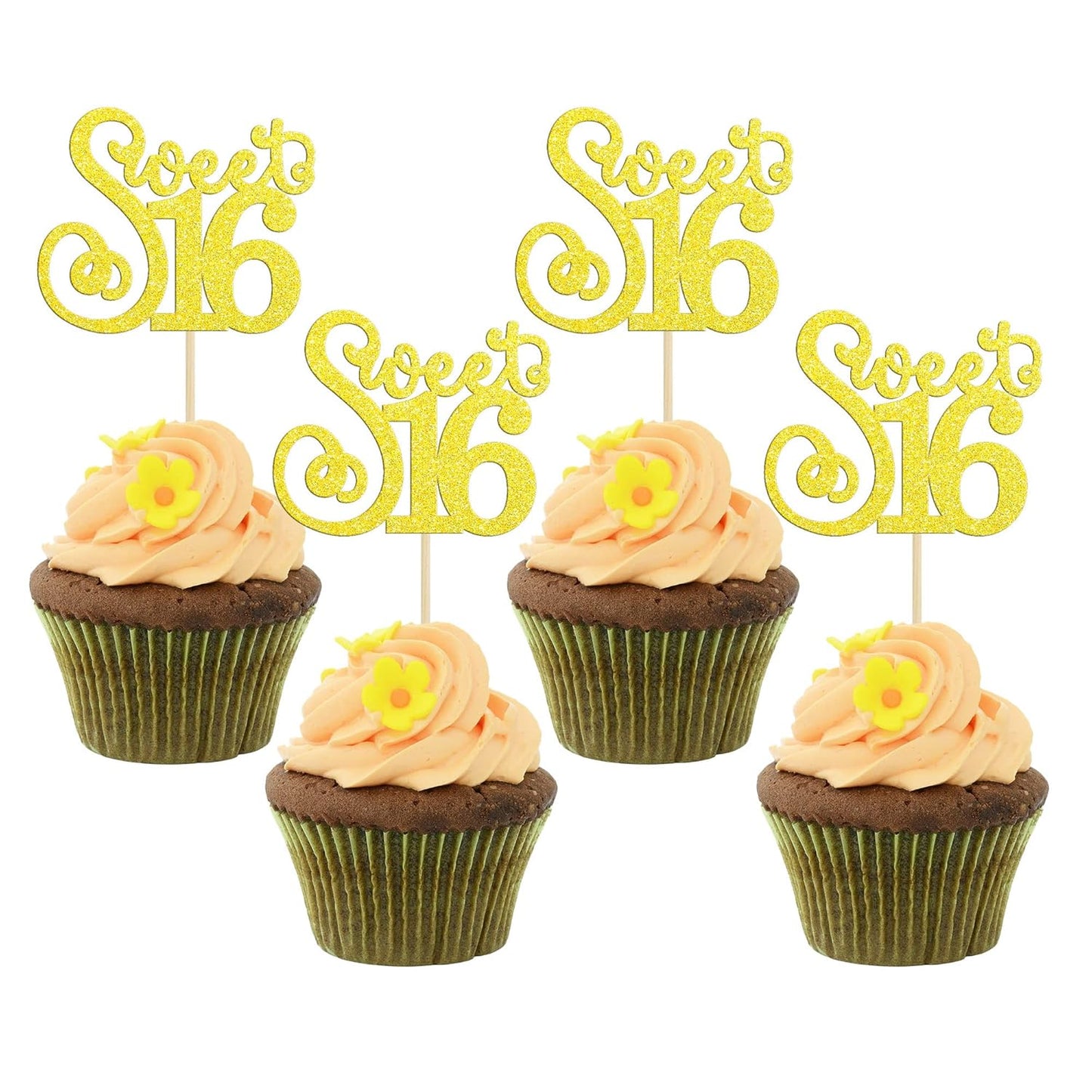 Gyufise 24 Pack 16th Birthday Cupcake Toppers Glitter Sixteen Happy Sweet 16 Cupcake Picks Cheers to 16 Years Old Cupcake Decorations for 16th Birthday Anniversary Party Supplies Multi Gold