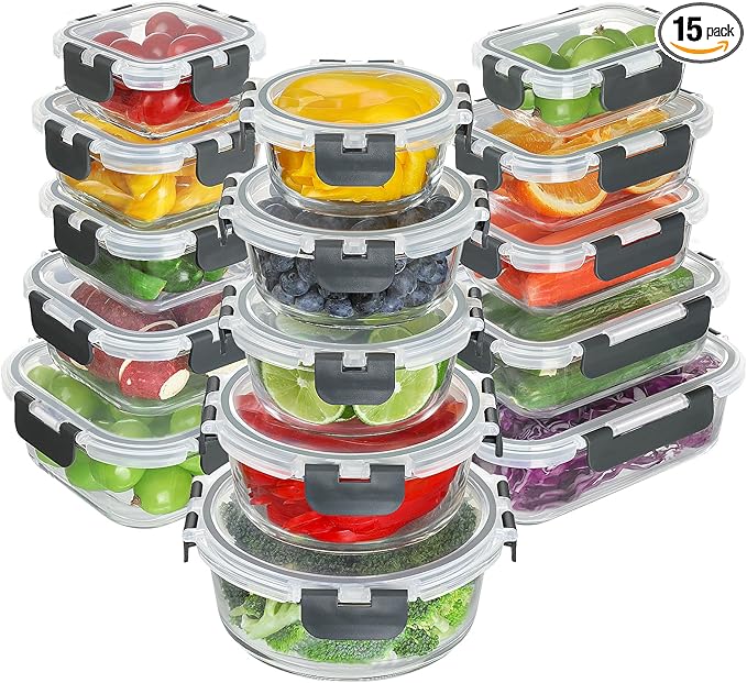 BAYZZ 30 Piece Glass Food Storage Containers Set, Glass Meal Prep Containers with Lids, Airtight Lunch Box, BPA-Free, Microwave, Freezer & Dishwasher Safe