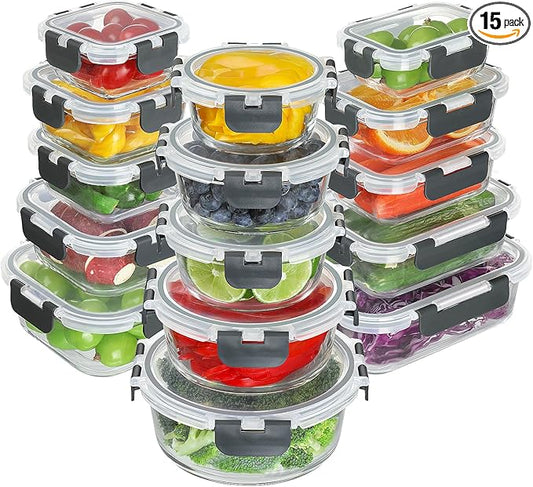 BAYZZ 30 Piece Glass Food Storage Containers Set, Glass Meal Prep Containers with Lids, Airtight Lunch Box, BPA-Free, Microwave, Freezer & Dishwasher Safe
