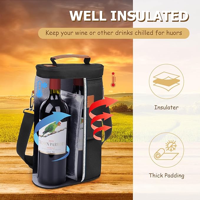 Tirrinia 2 Bottle Wine Gift Tote Carrier - Leakproof & Insulated with Large Pockets Wine Cooler Bag for Travel, Tasting, Party, Dinner