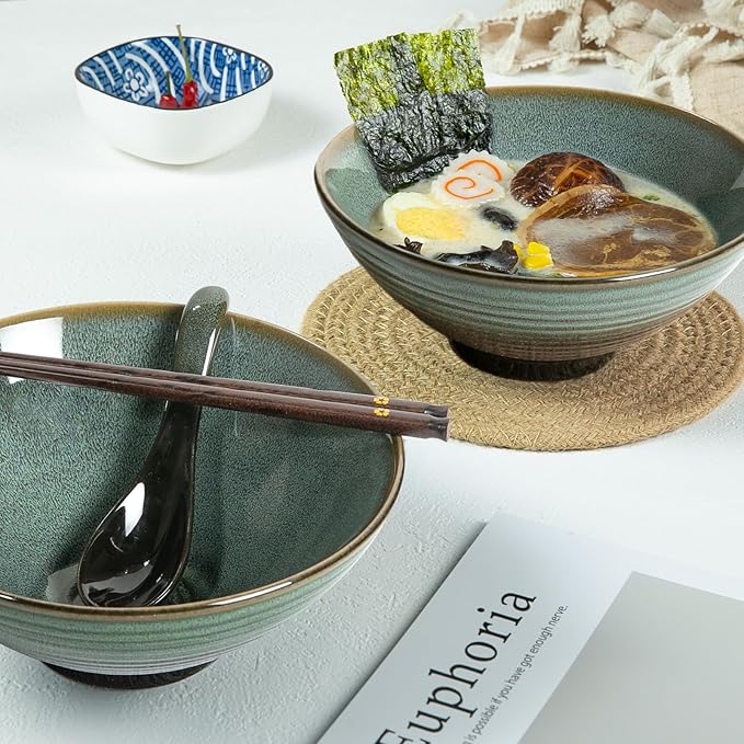 40 oz Ceramic Ramen Bowl Set of 2, Ramen Noodle Bowl with Spoons and Chopsticks 8 Inch Japanese Retro Style Large Soup, Pho, Udon Bowls, Microwave & Dishwasher Safe, Green