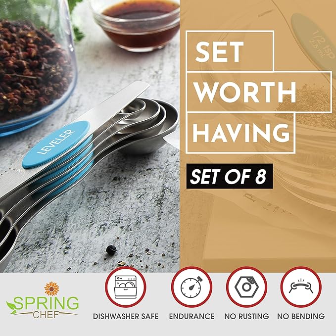 Spring Chef Stainless Steel Magnetic Measuring Spoons Set of 8 with Leveler, Nesting Teaspoon & Tablespoon Measuring Spoons for Dry and Liquid Ingredients, Kitchen Gadgets for Baking & Cooking - Teal