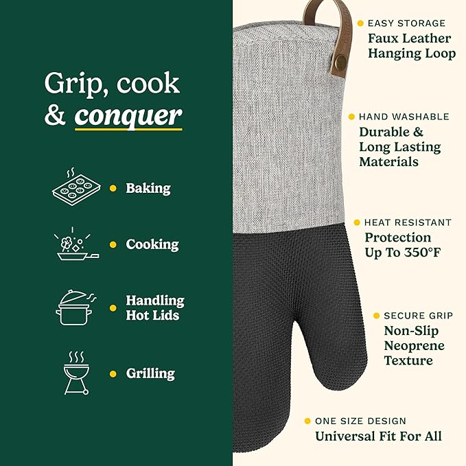 Cuisinart Heritage Kitchen Oven Mitts – Heat-Resistant Mitts for Oven with Non-Slip Neoprene Palm, Long Cuff, and Cotton Filling – Durable Oven Gloves for Cooking, Baking & Grilling (Textured Gray)