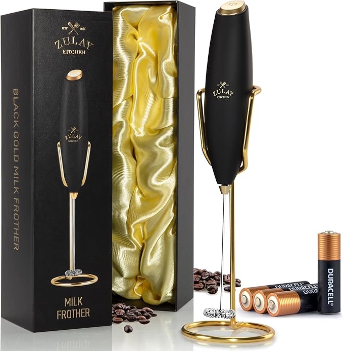 Zulay Kitchen Executive Series Luxury Gift Milk Frother with 4 Duracell Batteries – Handheld Electric Foam Maker for Coffee, Lattes & Hot Chocolate – Deluxe Finish, Ultimate Gift for Coffee Lovers