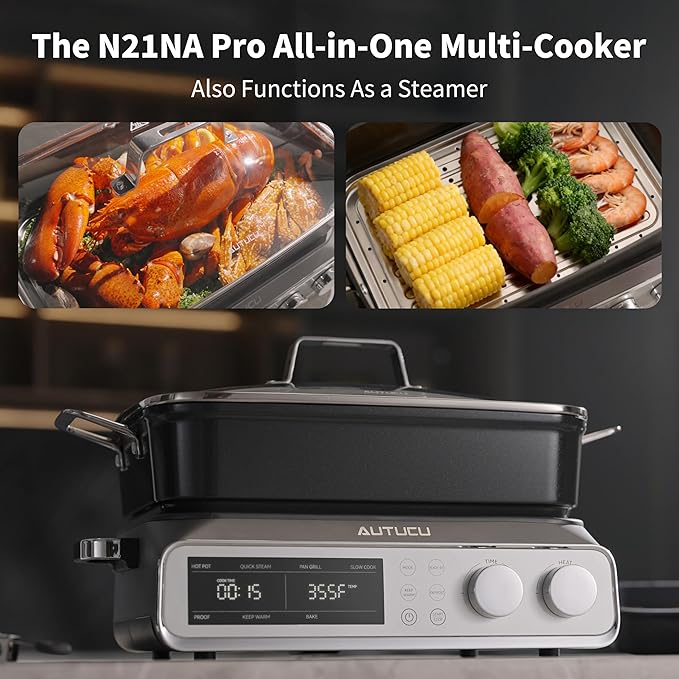 N21NA Pro Slow Cooker 10 Quart, 8-in-1 Programmable PFOA-Free Ceramic Coated Multi-Cooker with Grill Pan, Steaming Plate (Includes Silicone Spoon & Tongs)