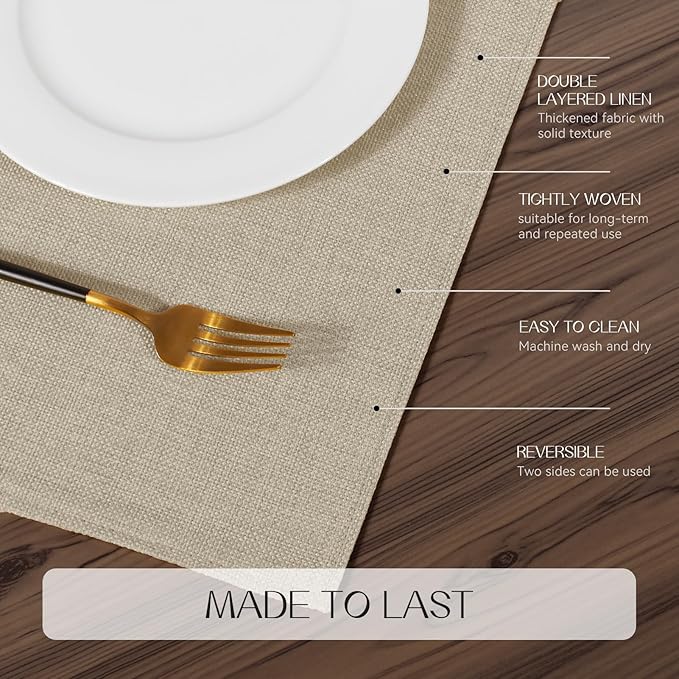 Romanstile Cloth Placemats Set of 4-12 x 18 Inch, Heat Resistant Double Layered Thickened Burlap Place Mats, Washable Faux Linen Farmhouse Table Mats for Kitchen/Dining/Party/Outdoor, Beige