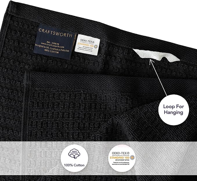 CRAFTSWORTH Kitchen Towels, 15 x 26 Inches, Pack of 6, 400 GSM, 100% Ring Spun Cotton, Striped Solid Black Cotton Dish Towels Super Soft and Absorbent, Tea Towel and Bar Towel