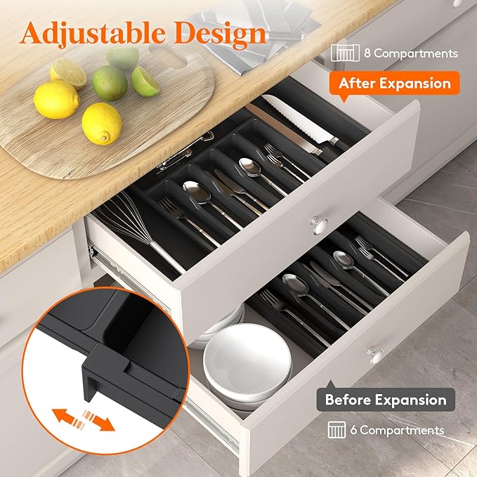 Lifewit Deep Silverware Drawer Organizer for Kitchen, Expandable Utensil Tray, Adjustable Flatware Cutlery Holder, Large Plastic Kitchen Storage for Spoons Forks Knives, 22.4 x 16.7 x 2 inches, Black