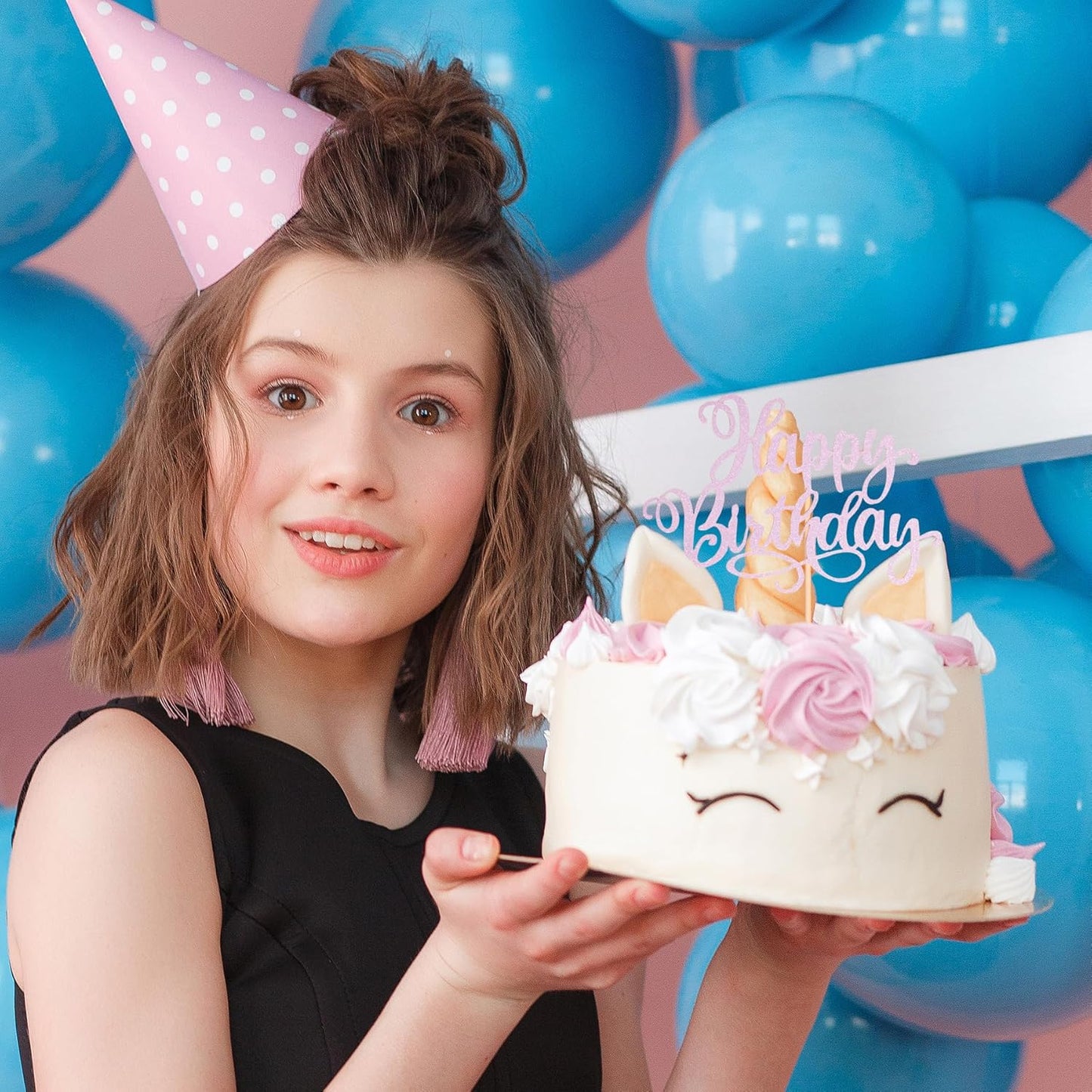 Happy Birthday Cake Toppers 9 Inch Glitter Happy Birthday Cake Toppers Pick for Birthday Anniversary Theme Party Cake Decorations Supplies - Litht Pink