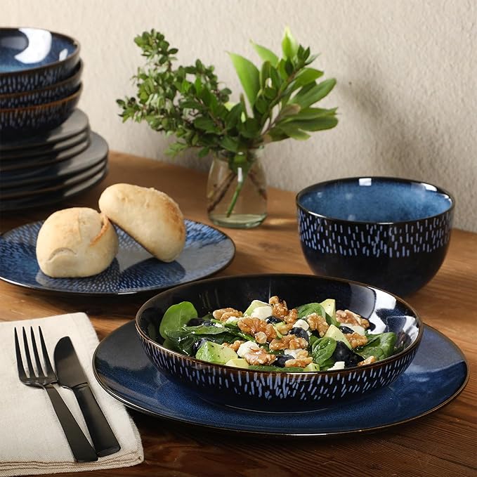 Gibson Elite Matisse 16-Piece Dinnerware Set – Double Bowl Reactive Glaze Stoneware in Blue – Plates and Bowls for 4, Microwave & Dishwasher Safe, Rustic Modern Design