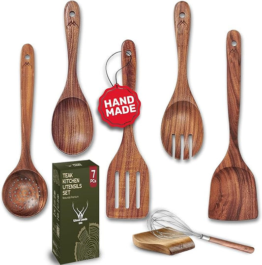 7 Pcs Teak Wooden Kitchen Utensils – Handcrafted Wooden Cooking Utensils Set with Holder, Elegant Wooden Spoons for Cooking & Timeless Utensil Set for Daily Use - Teak Utensils Set for Cooking