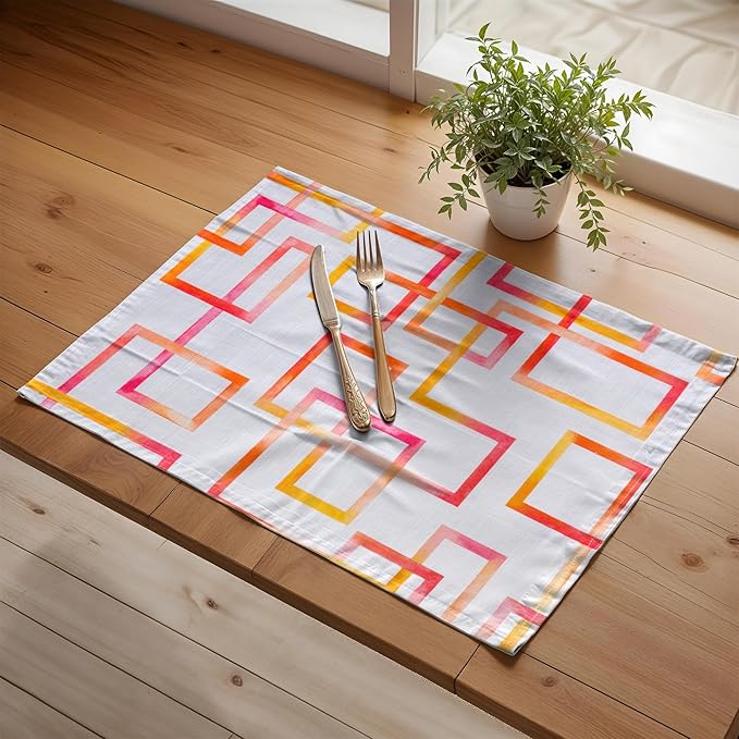 Maison d' Hermine Placemats Set of 4 100% Cotton Washable Cloth Place Mats, Reusable Table Mats for Kitchen Dining Decoration, Party, Wedding, Restaurant Spring/Summer (Summer Maze, 13" x 19")