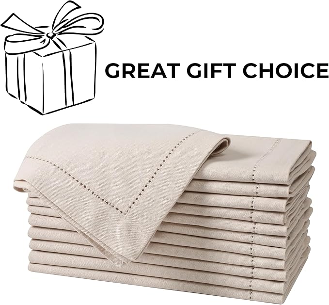 Bedding Craft Cotton Linen Cloth Dinner Napkins Set of 12 – 18x18 Flax Oatmeal Hemstitched – Machine Washable Reusable Fabric Napkins for Weddings, Parties & Events